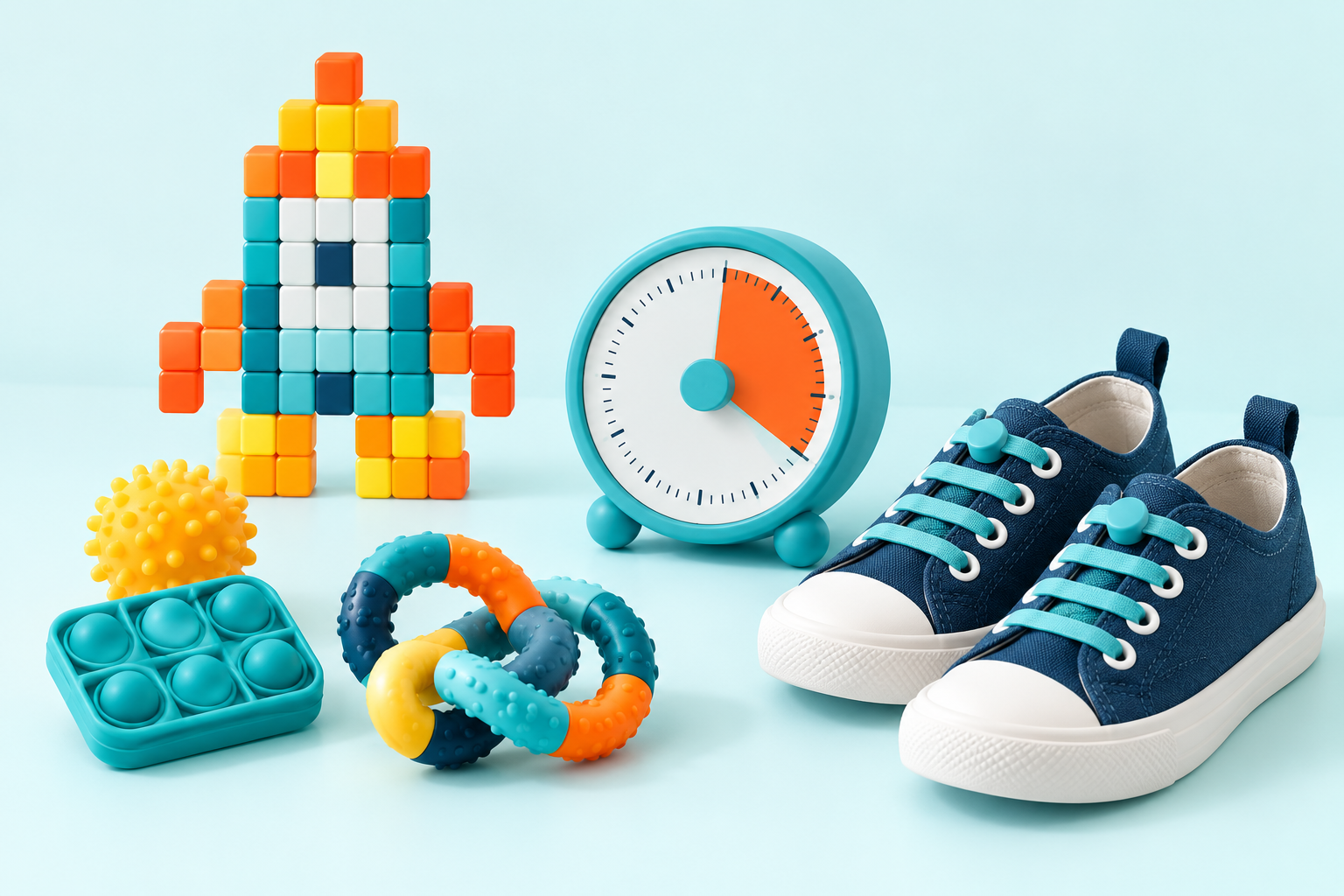 Colourful illustrative sensory toys, a visual timer and children's shoes